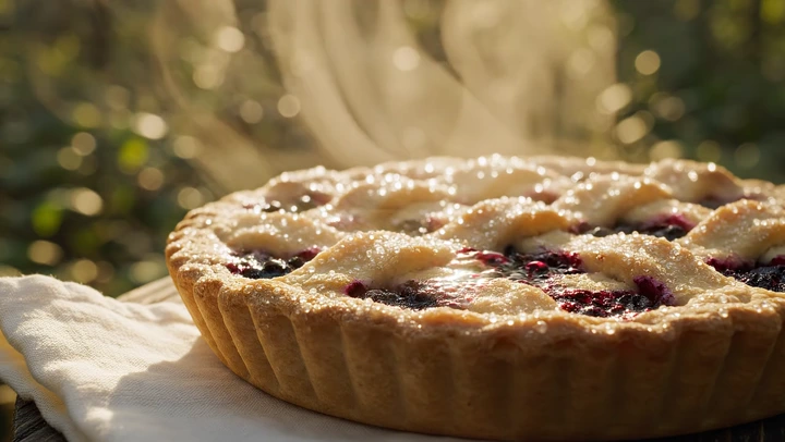 Food Viral example — A live-action food viral dessert reel focused on a freshly baked berry tart glowing in golden natura