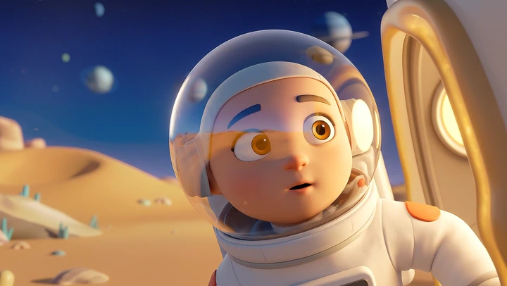 Pixar Animation example — A Pixar-style 3D animated space adventure about a wide-eyed child astronaut exploring a soft golden 