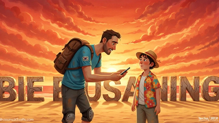 Travel Story example — A heartwarming animated travel story set at a glowing sunset beach in Busan, where a backpacking tra