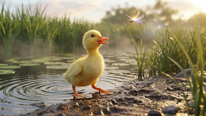 Cinematic Short example — A charming cinematic short centered on a tiny duckling by a glowing pond at golden hour. Show soft g