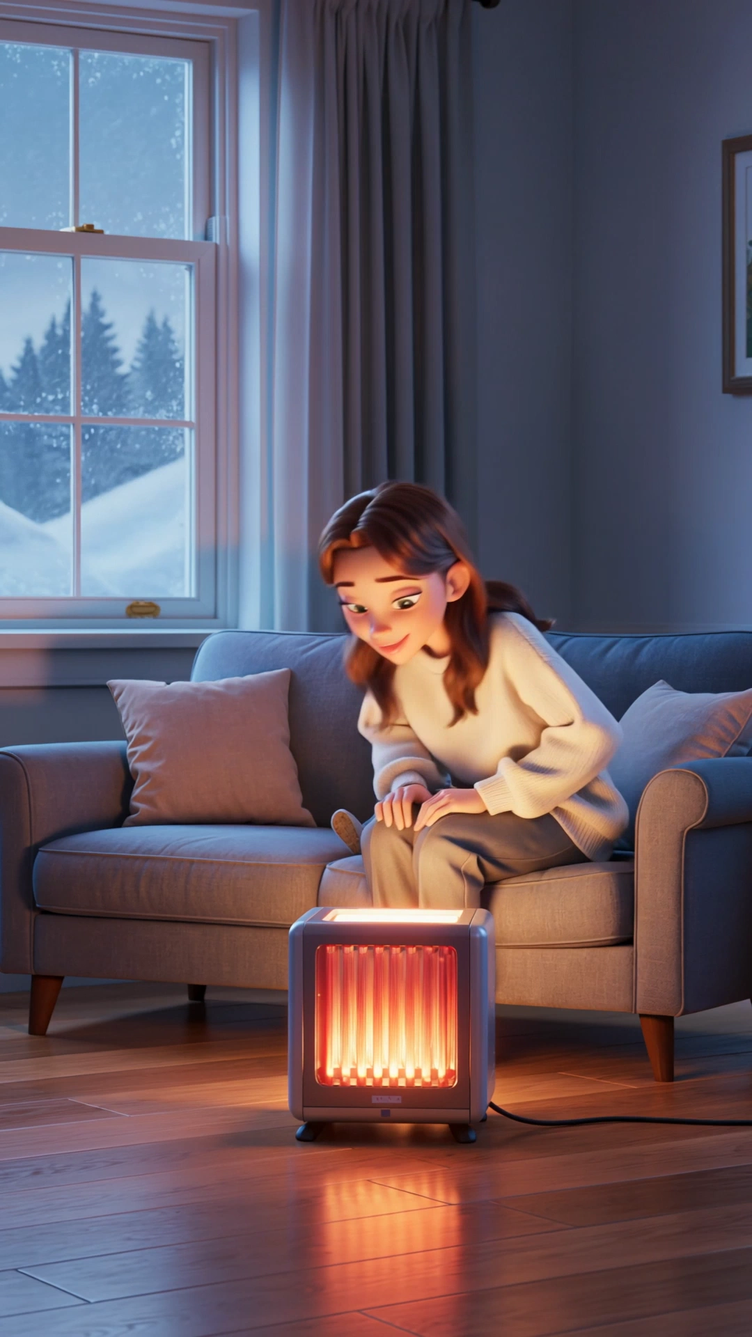 Product Promo example — A vertical product promo for a compact home appliance in a cozy winter living room. Show a young wom