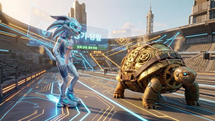 Game Trailer example — A cinematic sci-fi game trailer set inside a futuristic arena where a sleek blue energy creature fac