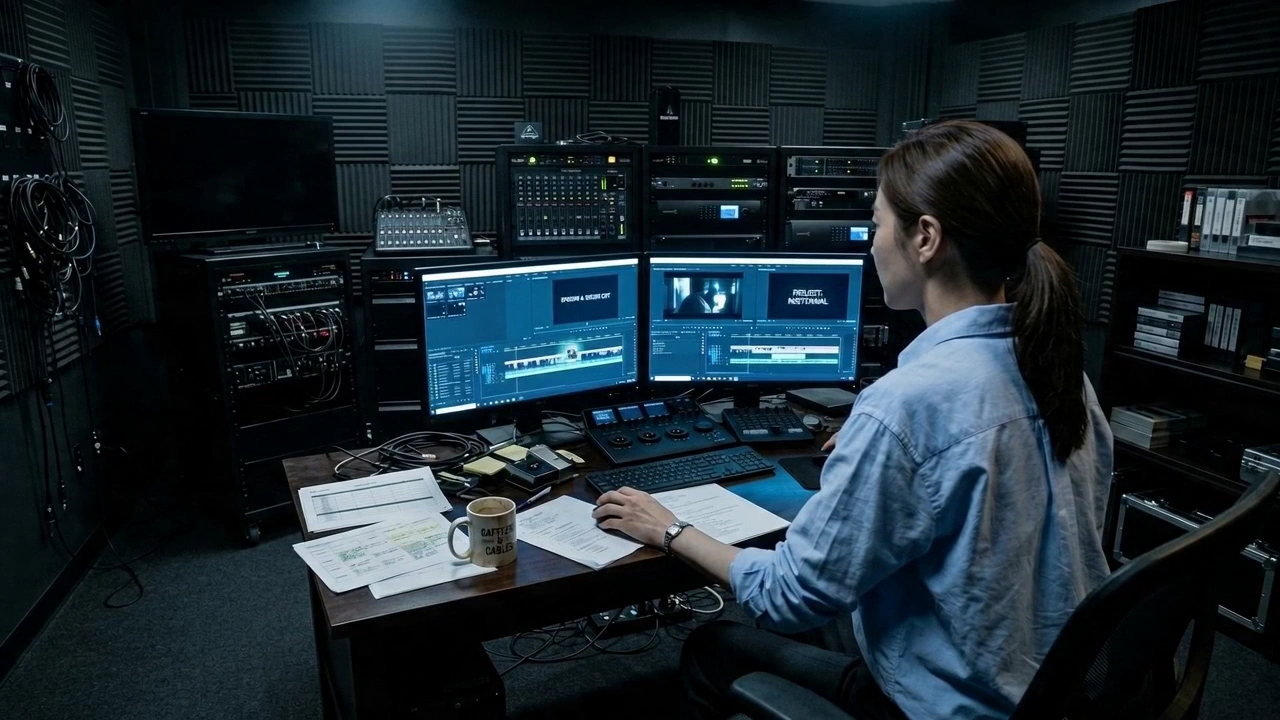 B2B Sales example — A polished B2B sales video set inside a dark production and operations room, where a marketing or sa