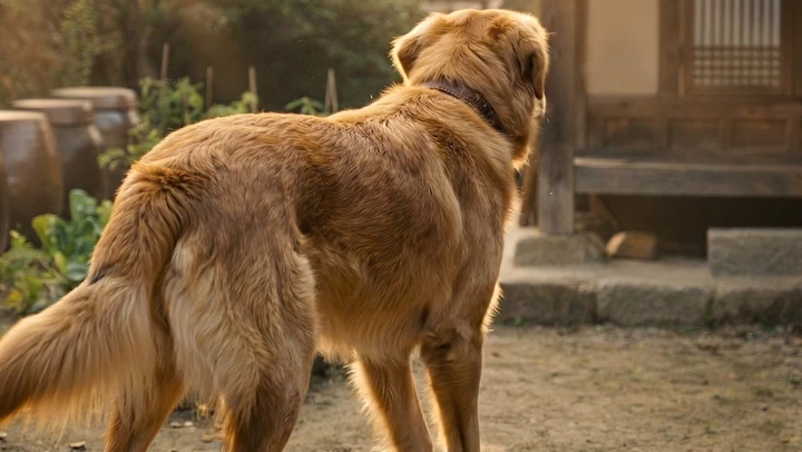 Heartwarming Film example — A heartwarming cinematic film centered on a golden retriever standing outside a quiet family home in