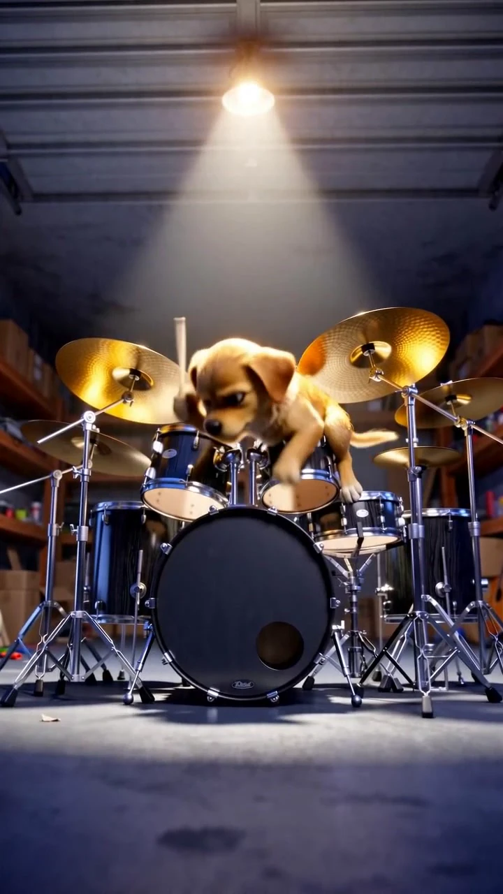 Funny Reel example — A funny vertical dog short featuring a small puppy enthusiastically playing a full drum kit on a tin