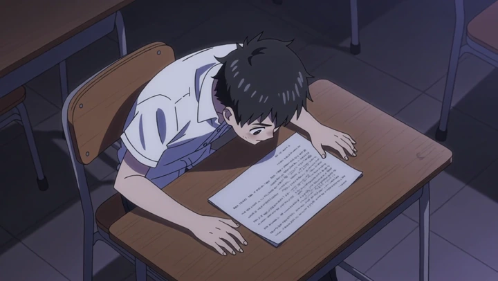 Anime Drama example — A Japanese anime-style school drama centered on an exhausted black-haired student alone at a wooden 