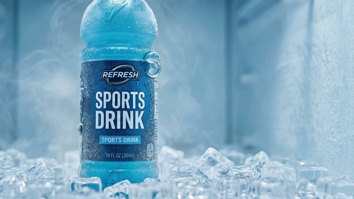 Product Ad example — A gritty live-action sports drink commercial on a sun-scorched baseball field. Begin with harsh oran