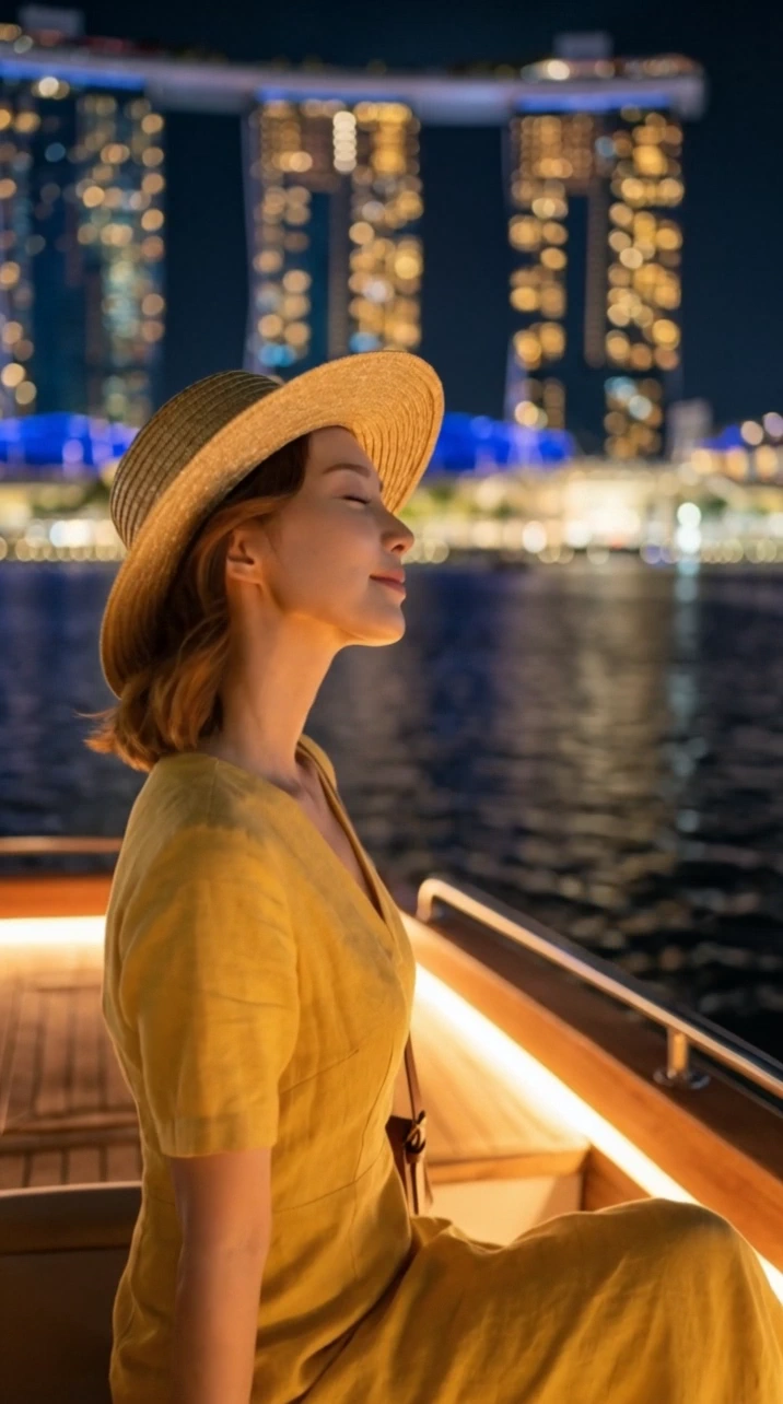 Travel App example — A vertical promotional video for a modern travel app, following a woman enjoying a night harbor crui