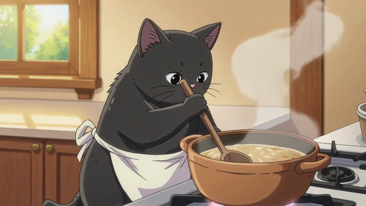 Anime Short example — A cozy Japanese anime-style slice-of-life short about a black cat in a white apron carefully cooking
